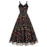1950S Floral Embroidered Spaghetti Strap Vintage Dress