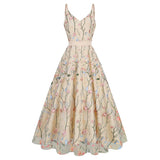 1950S Floral Embroidered Spaghetti Strap Vintage Dress