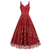 1950S Floral Embroidered Spaghetti Strap Vintage Dress