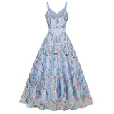 1950S Floral Embroidered Spaghetti Strap Vintage Dress
