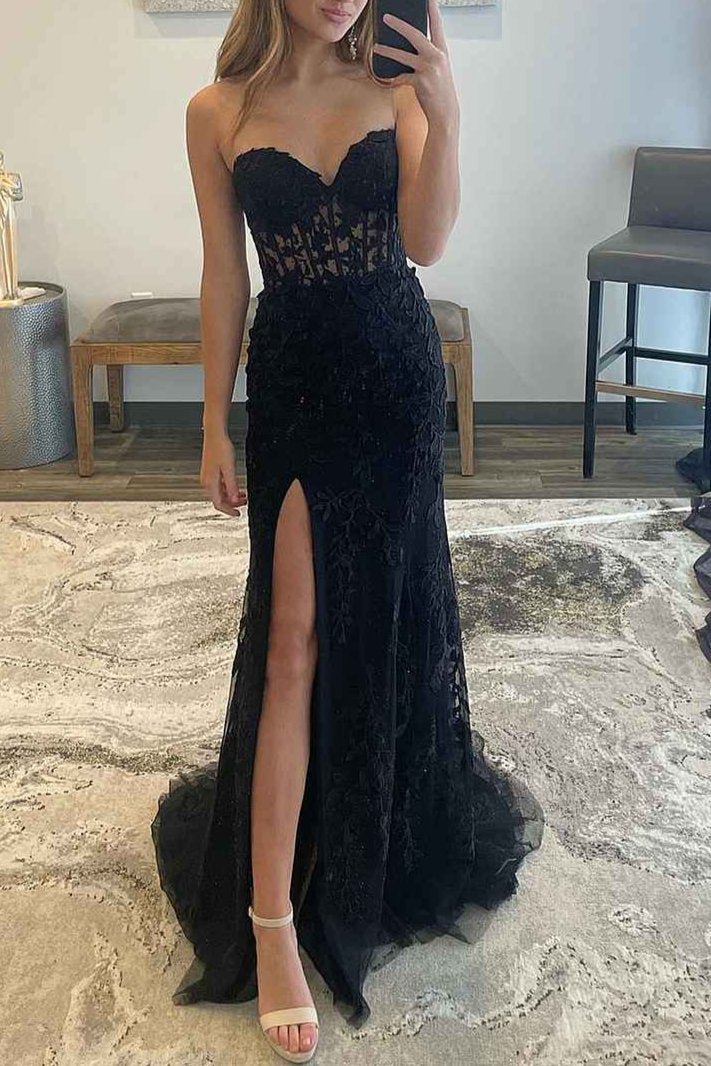 Luma | Hot Pink Mermaid Strapless Corset Lace Long Prom Dress with Slit