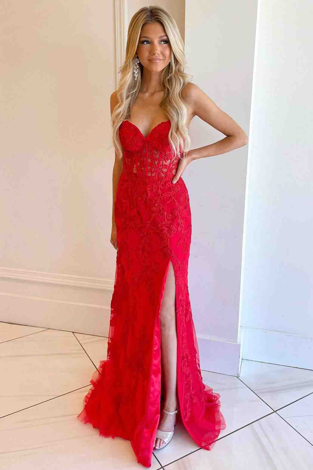 Luma | Hot Pink Mermaid Strapless Corset Lace Long Prom Dress with Slit