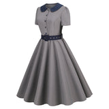 1950S Gray Short Sleeve Button-Down Dress with Navy Peter Pan Collar and Belt