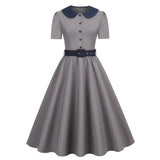 1950S Gray Short Sleeve Button-Down Dress with Navy Peter Pan Collar and Belt