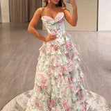 Tova | Blue A-Line Strapless Chiffon Floral Ruffled Prom Dress With Slit