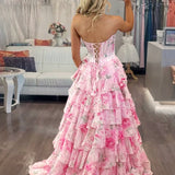 Tova | Blue A-Line Strapless Chiffon Floral Ruffled Prom Dress With Slit