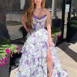 Tova | Blue A-Line Strapless Chiffon Floral Ruffled Prom Dress With Slit