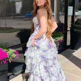 Tova | Blue A-Line Strapless Chiffon Floral Ruffled Prom Dress With Slit