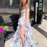 Tova | Blue A-Line Strapless Chiffon Floral Ruffled Prom Dress With Slit