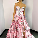 Tova | Blue A-Line Strapless Chiffon Floral Ruffled Prom Dress With Slit