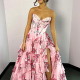 Tova | Blue A-Line Strapless Chiffon Floral Ruffled Prom Dress With Slit