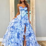 Tova | Blue A-Line Strapless Chiffon Floral Ruffled Prom Dress With Slit