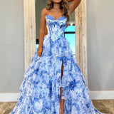 Tova | Blue A-Line Strapless Chiffon Floral Ruffled Prom Dress With Slit