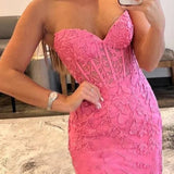 Luma | Hot Pink Mermaid Strapless Corset Lace Long Prom Dress with Slit