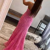 Luma | Hot Pink Mermaid Strapless Corset Lace Long Prom Dress with Slit