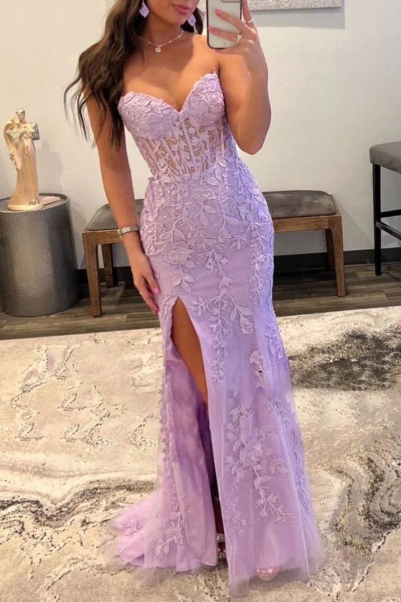 Luma | Hot Pink Mermaid Strapless Corset Lace Long Prom Dress with Slit