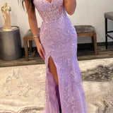 Luma | Hot Pink Mermaid Strapless Corset Lace Long Prom Dress with Slit