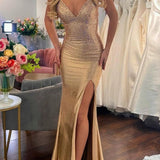 Mavi | Mermaid Gold V Neck Satin Slit Long Prom Dress with Beading