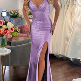 Mavi | Mermaid Gold V Neck Satin Slit Long Prom Dress with Beading