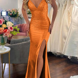 Mavi | Mermaid Gold V Neck Satin Slit Long Prom Dress with Beading