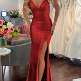 Mavi | Mermaid Gold V Neck Satin Slit Long Prom Dress with Beading