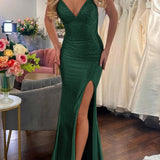 Mavi | Mermaid Gold V Neck Satin Slit Long Prom Dress with Beading