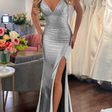 Mavi | Mermaid Gold V Neck Satin Slit Long Prom Dress with Beading