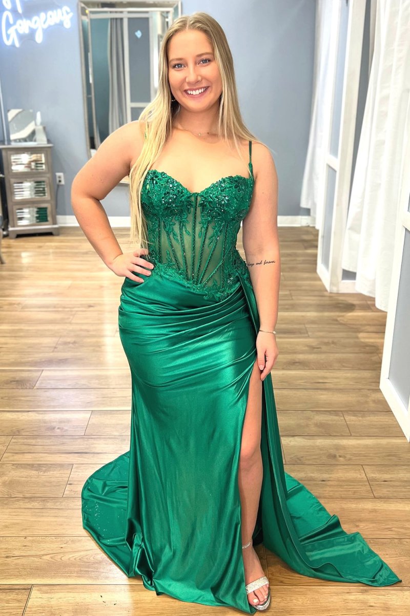 Lyra | Mermaid Sage Spaghetti Straps Appliqued Long Prom Dress With Split
