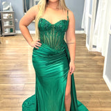 Lyra | Mermaid Sage Spaghetti Straps Appliqued Long Prom Dress With Split