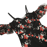 1950S Navy Floral Embroidered Cold Shoulder Sweetheart Neckline A-Line Swing Dress with Spaghetti Straps and Ruffle Sleeves