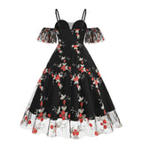 1950S Navy Floral Embroidered Cold Shoulder Sweetheart Neckline A-Line Swing Dress with Spaghetti Straps and Ruffle Sleeves