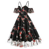 1950S Navy Floral Embroidered Cold Shoulder Sweetheart Neckline A-Line Swing Dress with Spaghetti Straps and Ruffle Sleeves