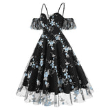 1950S Navy Floral Embroidered Cold Shoulder Sweetheart Neckline A-Line Swing Dress with Spaghetti Straps and Ruffle Sleeves