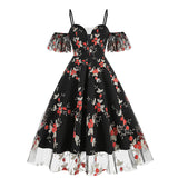 1950S Navy Floral Embroidered Cold Shoulder Sweetheart Neckline A-Line Swing Dress with Spaghetti Straps and Ruffle Sleeves