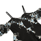 1950S Navy Floral Embroidered Cold Shoulder Sweetheart Neckline A-Line Swing Dress with Spaghetti Straps and Ruffle Sleeves