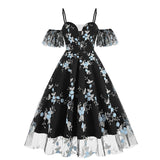 1950S Navy Floral Embroidered Cold Shoulder Sweetheart Neckline A-Line Swing Dress with Spaghetti Straps and Ruffle Sleeves