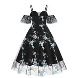 1950S Navy Floral Embroidered Cold Shoulder Sweetheart Neckline A-Line Swing Dress with Spaghetti Straps and Ruffle Sleeves