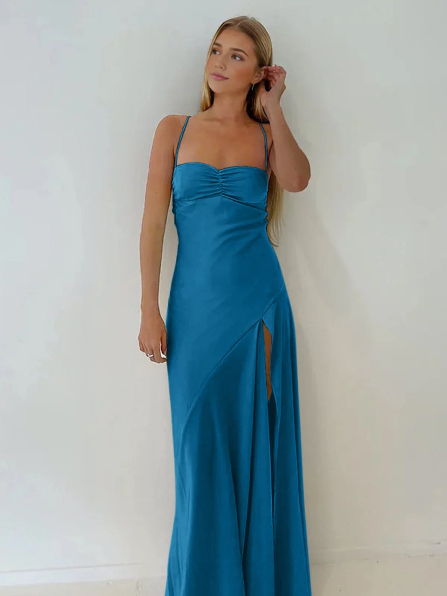 Esme | Sheath Red Spaghetti Straps Long Prom Dresses With Split