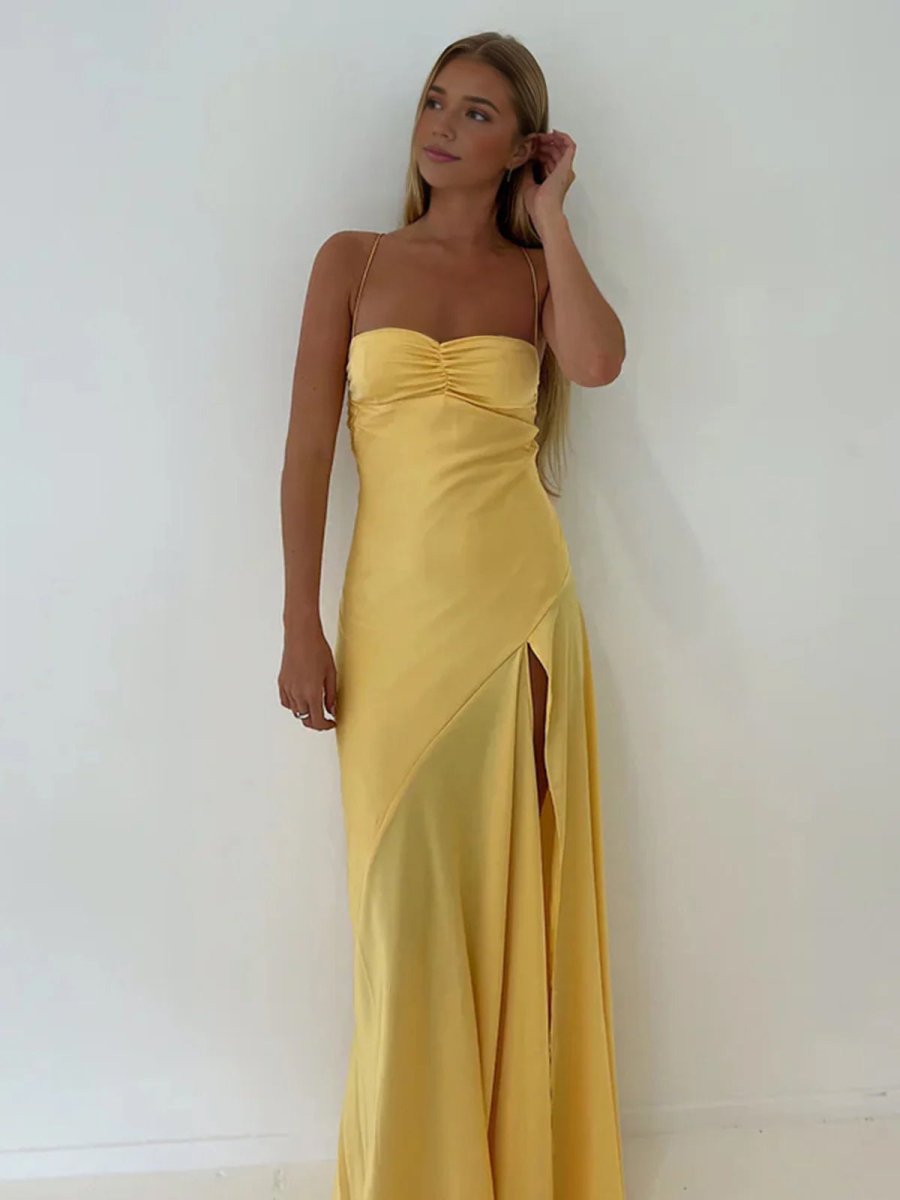 Esme | Sheath Red Spaghetti Straps Long Prom Dresses With Split