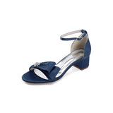 White Open Toe Buckle Strap Chunky Heels With Satin Bow