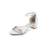 White Open Toe Buckle Strap Chunky Heels With Satin Bow
