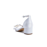 White Open Toe Buckle Strap Chunky Heels With Satin Bow