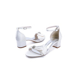White Open Toe Buckle Strap Chunky Heels With Satin Bow