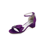 White Open Toe Buckle Strap Chunky Heels With Satin Bow