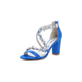 Black Open Toe Thin Strap Chunky Heels With Rhinestone