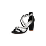 Black Open Toe Thin Strap Chunky Heels With Rhinestone