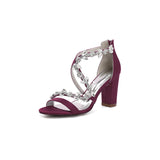 Black Open Toe Thin Strap Chunky Heels With Rhinestone