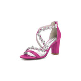 Black Open Toe Thin Strap Chunky Heels With Rhinestone