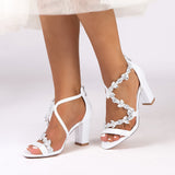 Black Open Toe Thin Strap Chunky Heels With Rhinestone