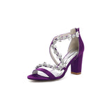 Black Open Toe Thin Strap Chunky Heels With Rhinestone